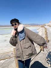 『现货』牛仔拼接派克羽绒服可拆卸，女装羽绒服，百妹仟红