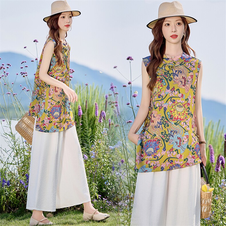 新中式国风套装女2025夏新款洋气不规则盘扣无袖背心阔腿裤两件套，女装套装/套裙，木橙西子