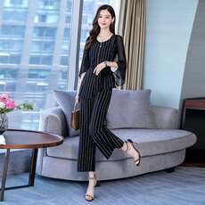 妙形M夏装女新款2021两件套条纹套装2024年夏季，女装套装/套裙，天丽