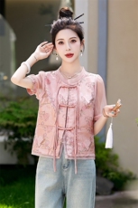 夏季薄款短袖新中式提花外套女流行国风盘扣减龄漂亮短款外搭上衣，女装短外套，艾仟回(原伊仟回)
