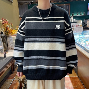 秋冬男针织衫圆领毛衣条纹拼色打底贴标外套M5655 P50图片