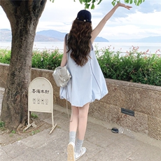 【现货】2026夏季蓝色减龄无袖撞色显瘦花苞连衣裙P135-K200，女装连衣裙，网红馆