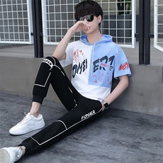 夏季新款套装男青少年休闲连帽T恤长裤套装DS-A158货T145，男装套装，星座310B-3