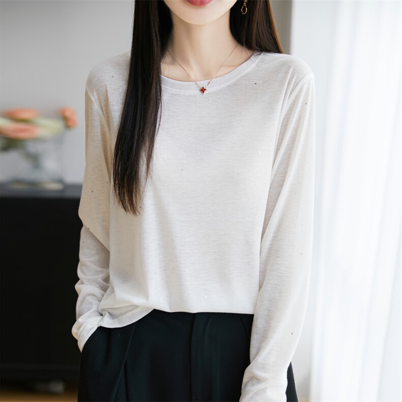 洋气春季新款圆领针织衫女宽松显瘦百搭长袖上衣可外简约打底衫,女装蕾丝衫/雪纺衫,昭美羊绒