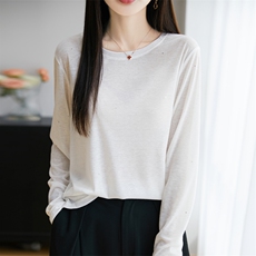 洋气春季新款圆领针织衫女宽松显瘦百搭长袖上衣可外简约打底衫，女装蕾丝衫/雪纺衫，昭美羊绒