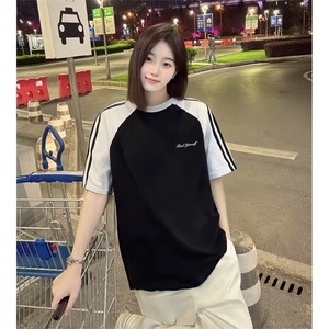 抖音得物品质二开240克宽松纯棉美式潮牌插肩三杠织带短袖T恤图片