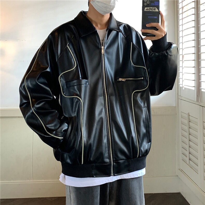 2026秋装新款美式翻领机车服皮夹克潮宽松外套D216P108男,男装夹克,电商A335-1（原A458）