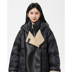 新标90%羽绒羊羔毛拼pu皮假两件连帽女士羽绒服上衣8339/P330，男装皮衣，星座202-3