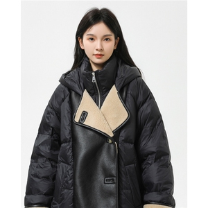 新标90%羽绒 羊羔毛拼pu皮假两件连帽女士羽绒服上衣 8339/P330图片