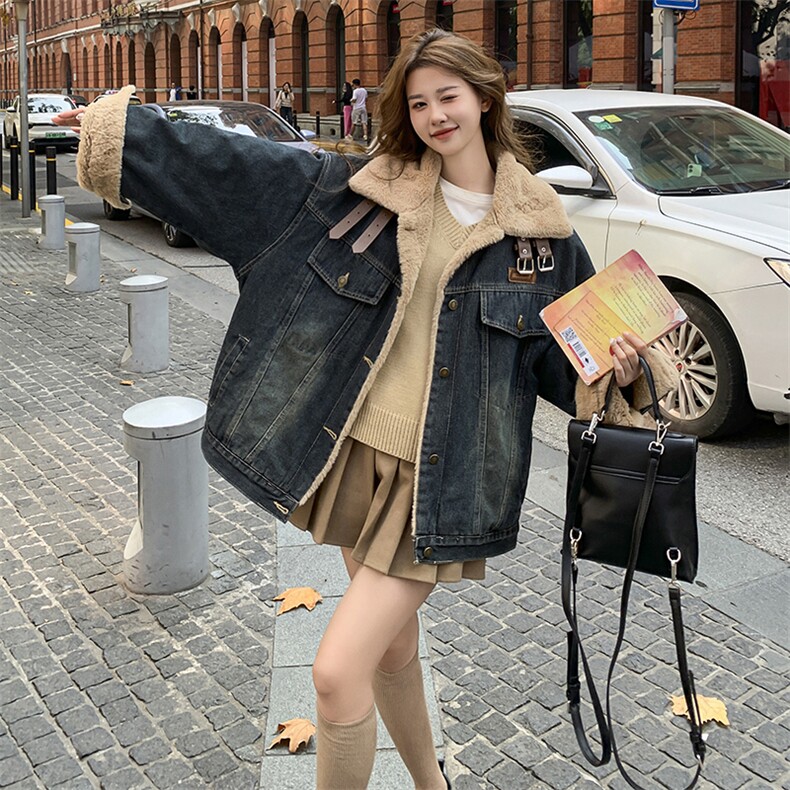 韩版时尚加绒加厚牛仔外套女2025年冬季新款宽松显瘦保暖夹克上衣,女装牛仔外套,2C037