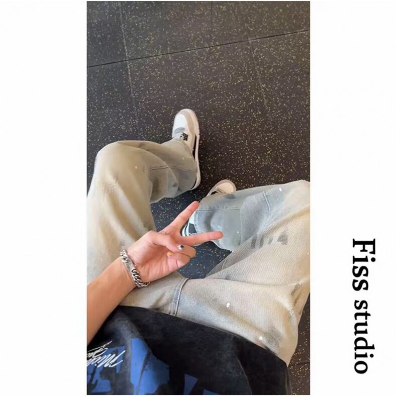 泼墨迷彩直筒牛仔裤男美式高街直筒微喇裤网图N2126-P48,男装牛仔裤,星座1001-1