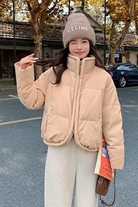 奶咖色立领短款羽绒服女2024冬季新款韩系简约小个子90白鸭绒外套图片