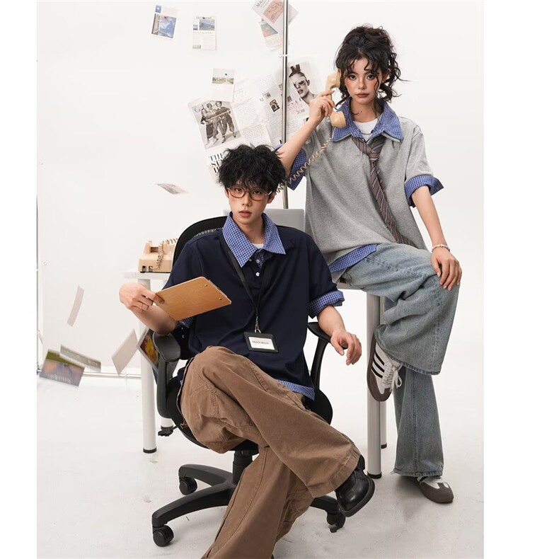 1506/QS2380/P40美式假两件格纹POLO复古学院风宽松休闲百搭T恤,男装T恤,星座1506