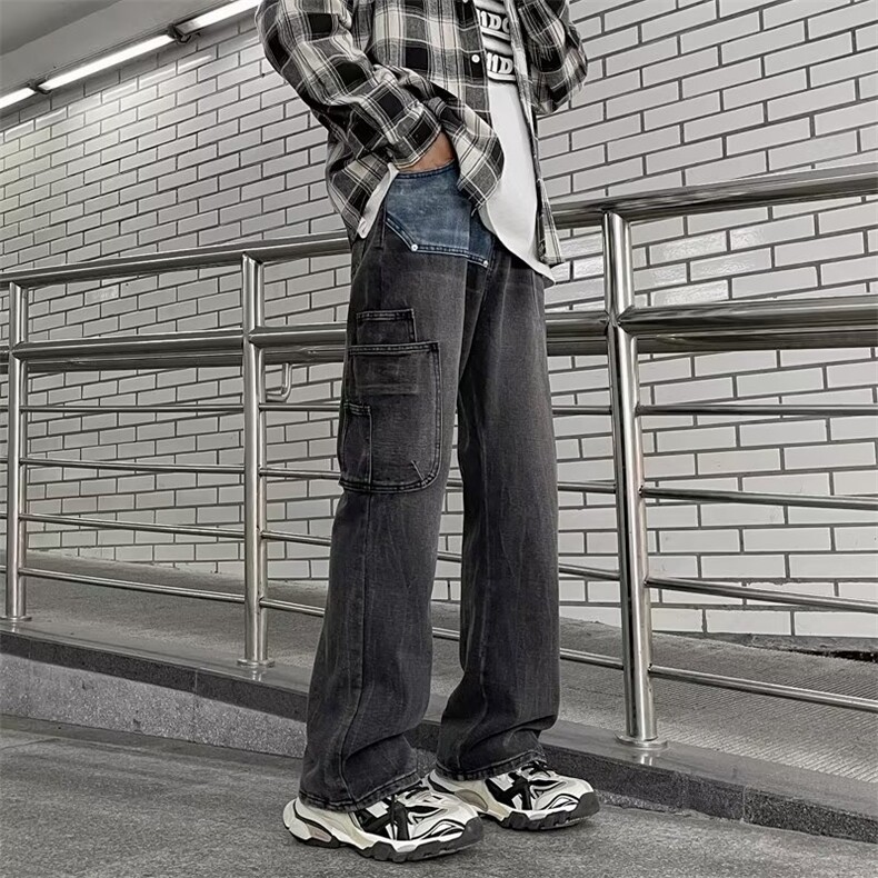 黑灰色拼接工装牛仔裤男秋季潮牌机能美式街头高街2025潮男秋冬图片