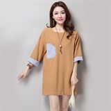 贴布口袋短裙五分袖2021年夏季H型宽松腰通勤麻T恤，女装T恤，独衣靓