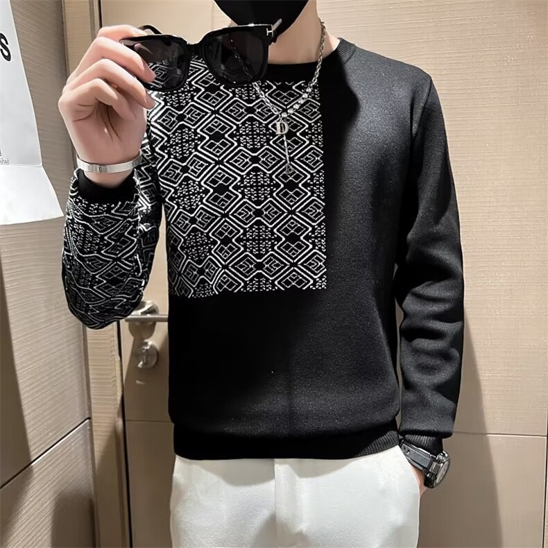 圆领慵懒风提花修身男士套头长袖针织衫撞色休闲简约毛衣S520图片