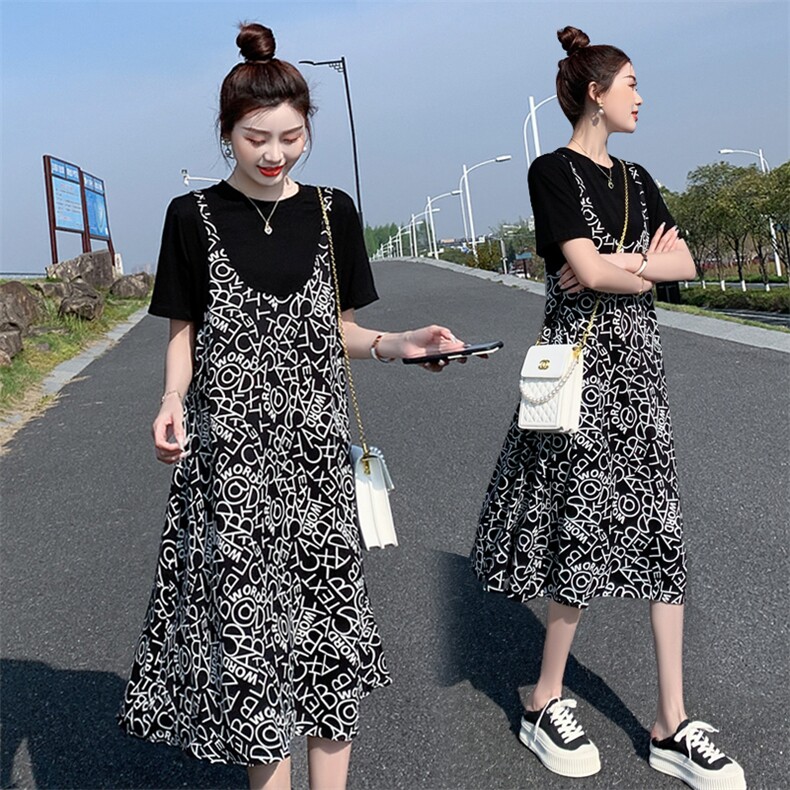 【现货！！闪电发货】2022夏季新款时尚假两件显瘦连衣裙,女装连衣裙,半夏