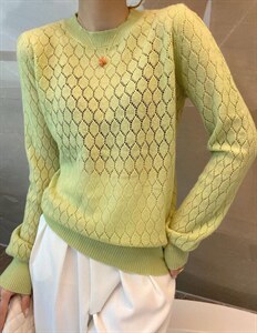圆领长袖镂空金丝全羊毛套头毛衣 新款慵懒宽松针织打底衫全羊毛图片