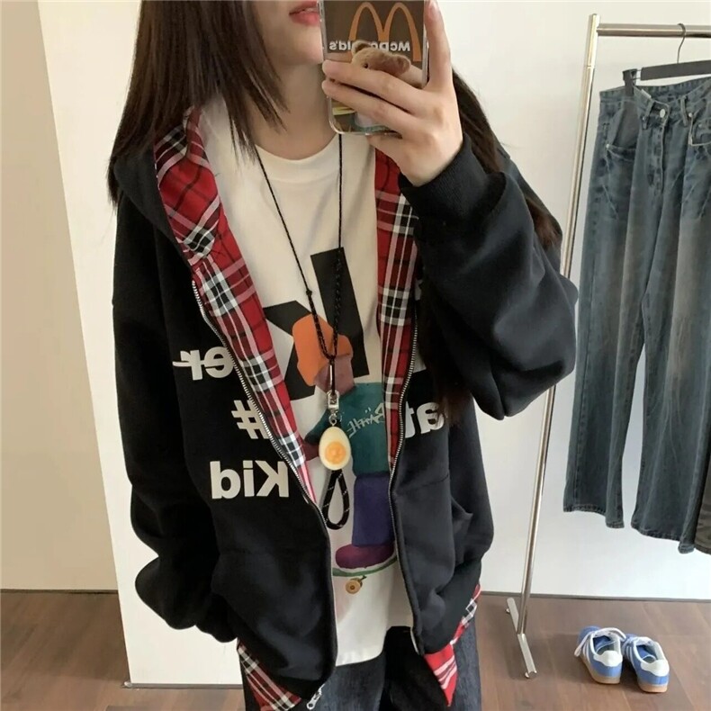 藏青色情侣卫衣男女2024早秋新款假两件开衫红色格子拼接连帽外套,男装卫衣,星座603-2