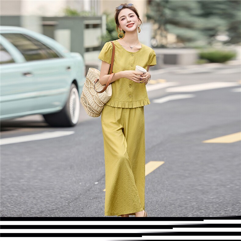 现货新款2025年夏季简约休闲显瘦宽松阔腿裤两件套装,女装套装/套裙,盈茜