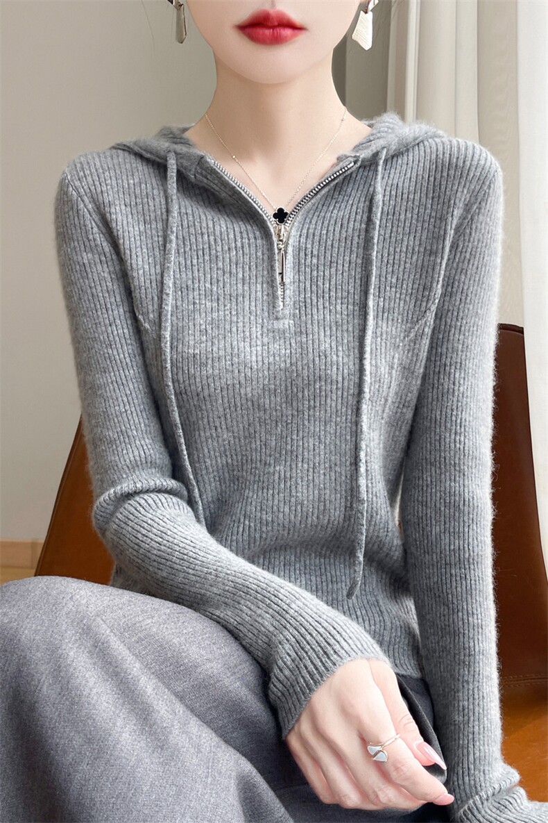 100%纯羊毛衫女半拉链帽衫坑条长袖连帽羊绒衫宽松针织衫抽绳毛衣,女装羊毛衫,九嘉羊绒