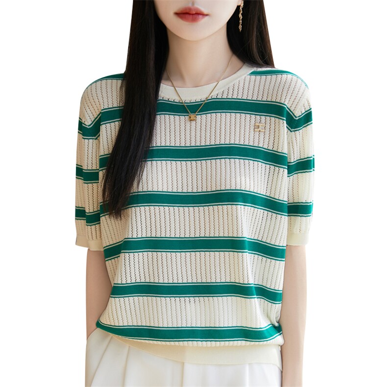 夏季新款条纹t恤女宽松圆领条纹冰丝短袖针织衫减龄时尚小衫上衣,女装T恤,昭美羊绒
