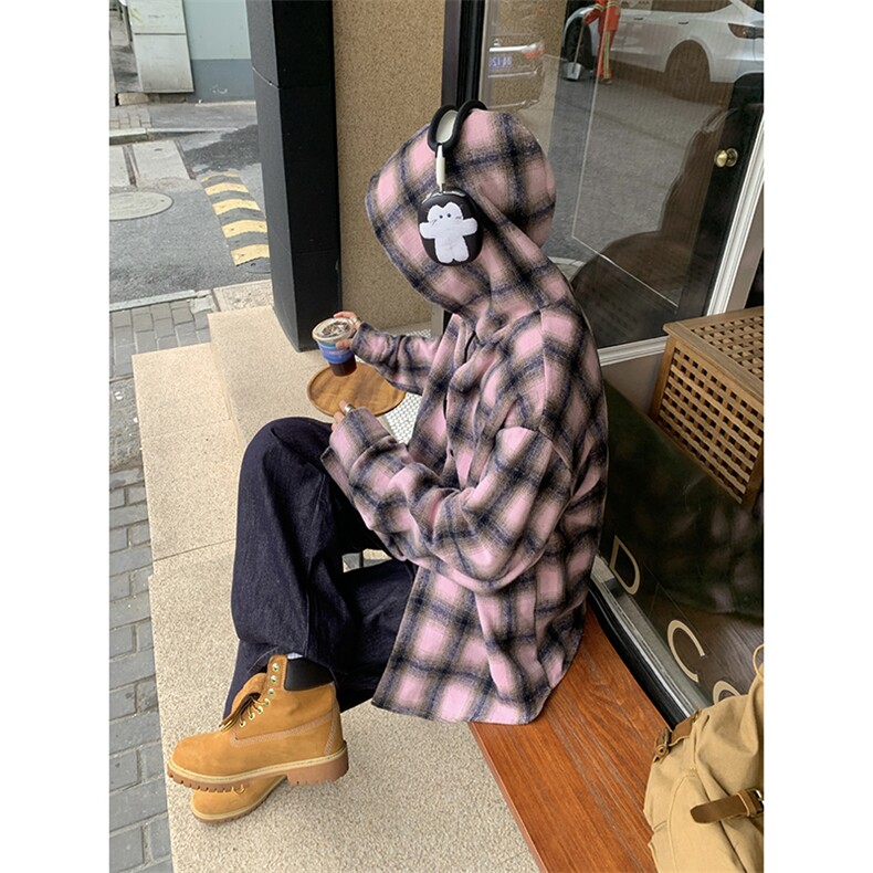 美式格子连帽衬衫男秋季校园风撞色拼接长袖衬衣复古小众简约外套,男装衬衫,电商D232