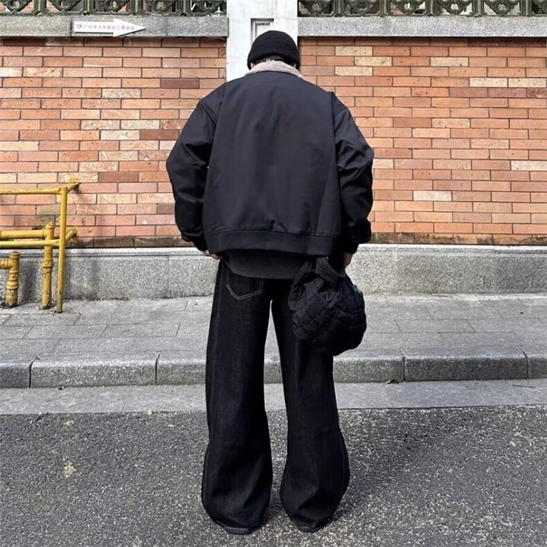 黑色明线设计感阔腿牛仔裤男美式复古高街水洗小众宽松直筒拖地裤,男装牛仔裤,星座1210-1
