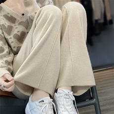 时尚简约羊毛直筒裤女秋冬季新款高腰显瘦宽松休闲长裤，女装休闲裤，邓利维