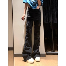 美式绑带显瘦微喇长裤多口袋工装高街vibe长裤无弹601-1-D7818，男装牛仔裤，星座601-1