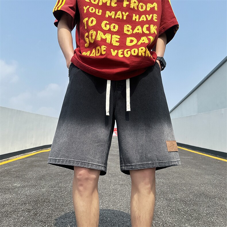 美式高街牛仔短裤男春夏季新款松紧裤腰裤脚麦标直筒裤D15#-P38图片