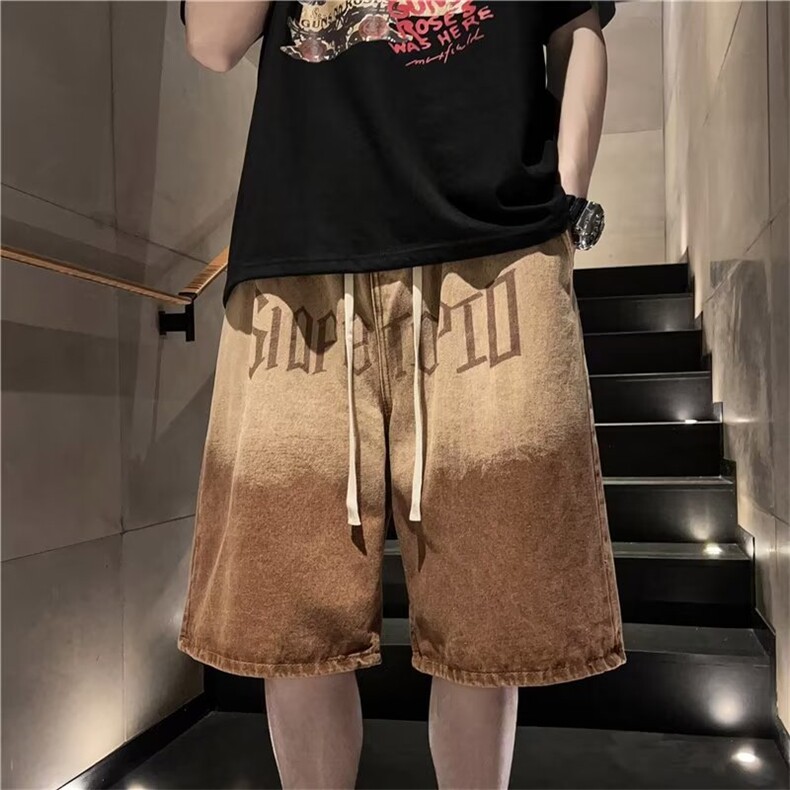 渐变水洗牛仔短裤男夏季阔腿五分裤T1667P40,男装牛仔裤,星座1116-2