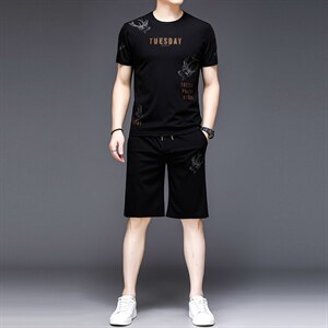YS-X335夏季男式短袖长裤短裤三件套运动休闲套头修身T恤套装P132图片