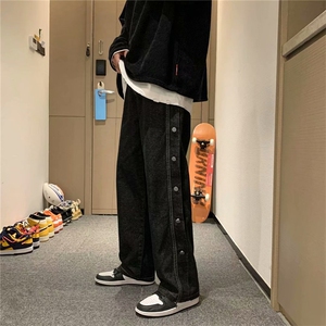 排扣牛仔裤男潮牌高街ins宽松直筒阔腿秋季长裤韩版裤子NK091-p42图片