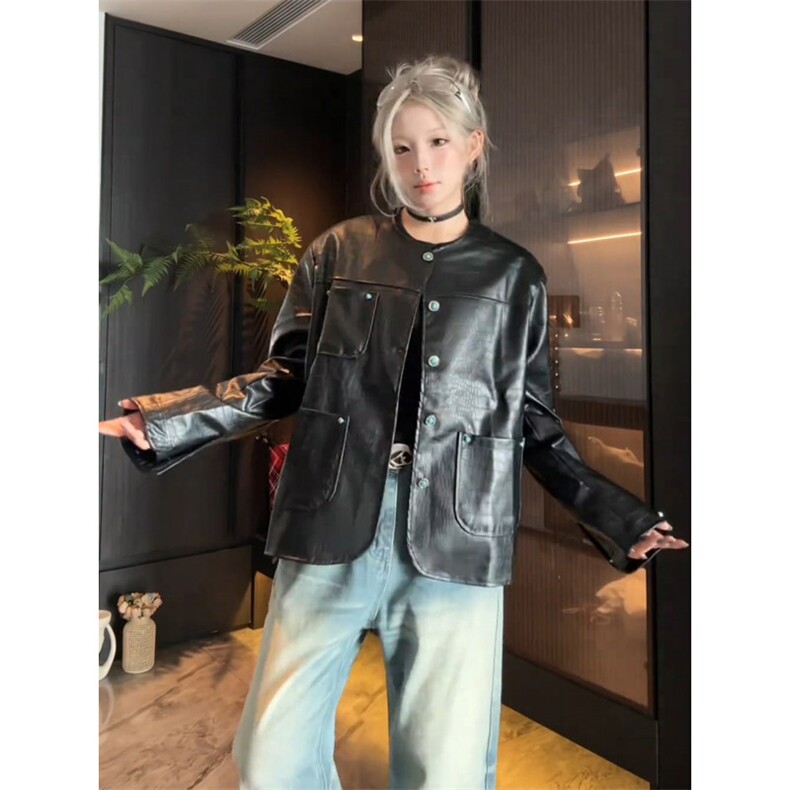 鳄鱼皮纹小香风皮衣外套男女款秋季穿搭pu皮夹克美式正肩无领外套,男装夹克,星座506A