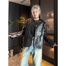 鳄鱼皮纹小香风皮衣外套男女款秋季穿搭pu皮夹克美式正肩无领外套，男装夹克，星座506A