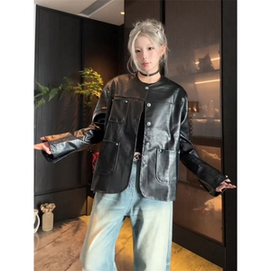 鳄鱼皮纹小香风皮衣外套男女款秋季穿搭pu皮夹克美式正肩无领外套图片