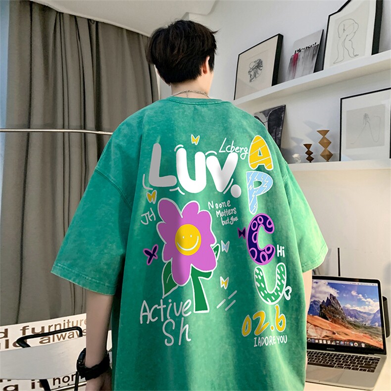 韩东大门重磅直播品美式复古蜡染水洗做旧宽松短袖t恤T988P38,男装T恤,电商A486