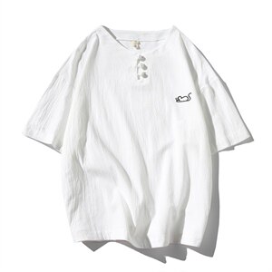 2021夏季新款日系大码男棉老鼠刺绣麻短袖亚麻风T恤T193-P30图片