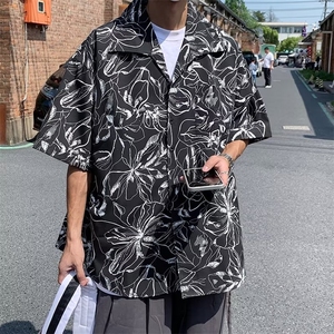 夏季短袖衬衫男黑色休闲七分袖寸衫上衣2024新款潮流宽松冰丝衬衣图片