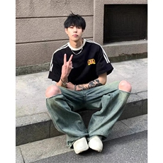 夏季美式高街重磅纯棉三条杠织带撞色男女短袖T恤ZD613-特P30，男装T恤，电商A486-1