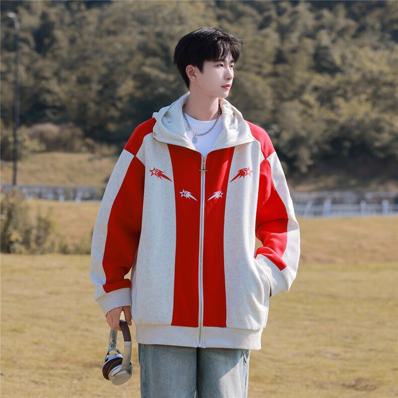 抖音品质重磅华棉撞色港风拼接开衫卫衣KWY2401-P75控108,男装卫衣,电商B370