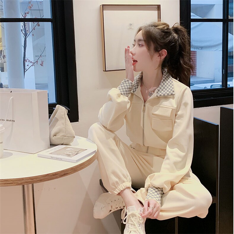 学院风棋盘格撞色休闲运动套装女春秋2025新款时尚炸街卫衣两件套,女装套装/套裙,2C187