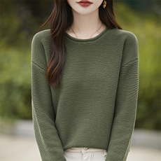 时尚百搭女士纯棉七针卷边圆领针织衫简约显瘦黑色长袖毛衣，女装针织衫/毛衣，斯美雅电商供货