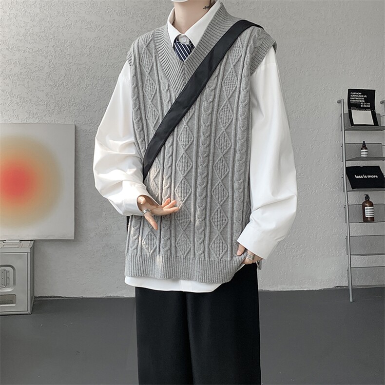 韩系叠穿复古麻花针织衫马甲男学院风早秋穿搭上衣服背心9097P58，男装背心/马甲，电商B312