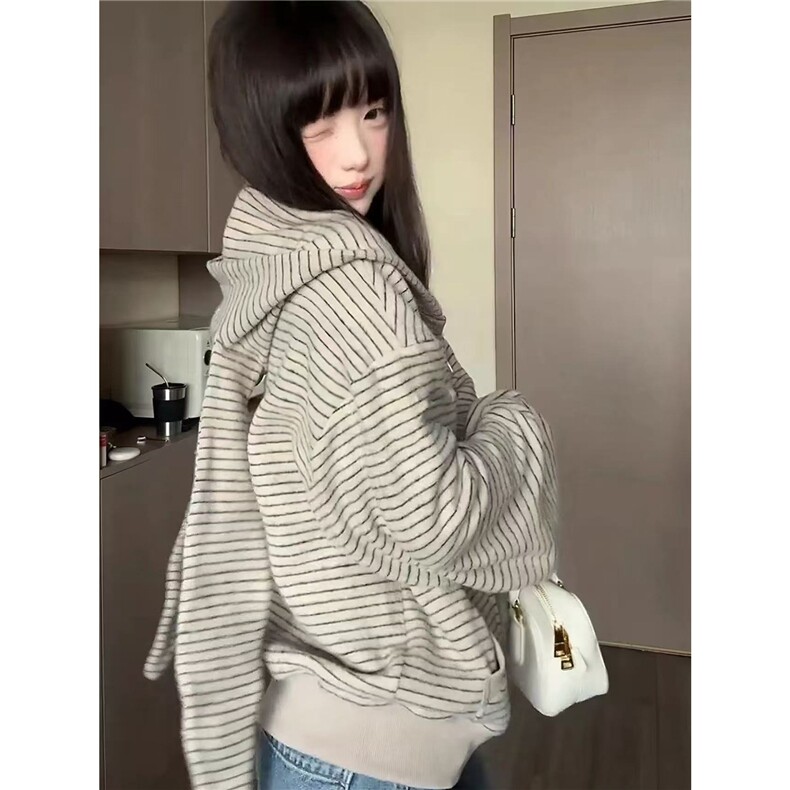 CN1012-P83网图兔耳朵男女条纹开衫外套秋季新款宽松拉链衫上衣,女装短外套,电商C233B