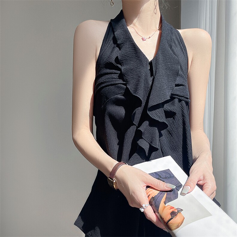 肌理感荷叶边V领吊带上衣扭结设计感挂脖漏肩背心女外穿无袖衬衫，女装蕾丝衫/雪纺衫，圣丽羊绒