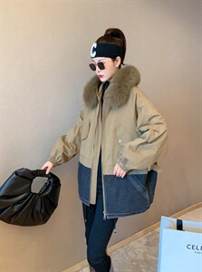 狐狸毛领拼接牛仔派克图片