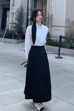 优雅新中式立领提花衬衫修身显瘦长袖上衣搭配高腰马面裙，女装衬衫，秀美人生