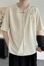 新中式金属扣风潮T恤短袖民族服竹子刺绣汉服时尚T2410-P55，男装T恤，电商A227